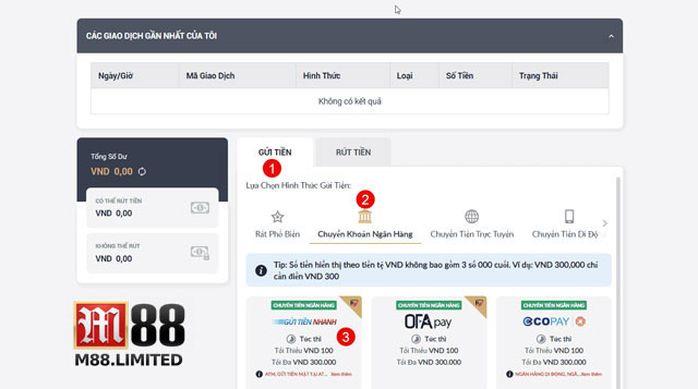 Hướng dẫn nạp tiền M88 qua chuyển khoản ngân hàng
