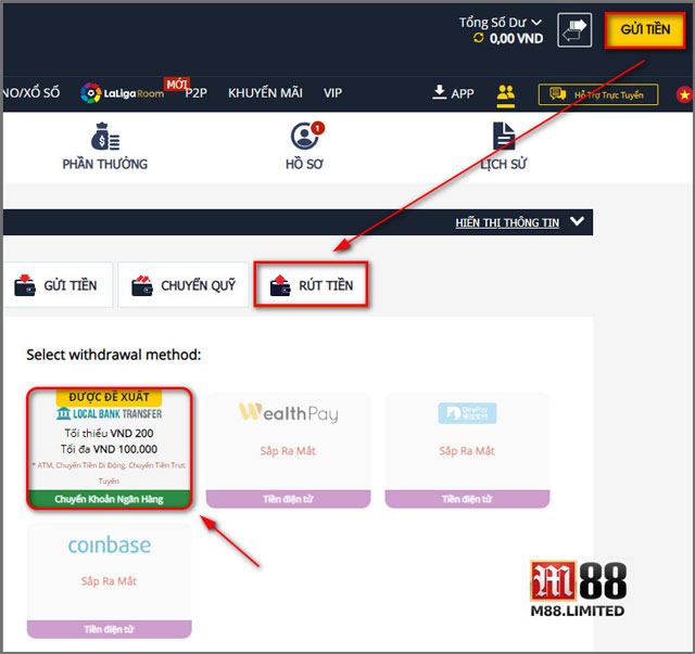 Tiến trình rút tiền M88 về ngân hàng