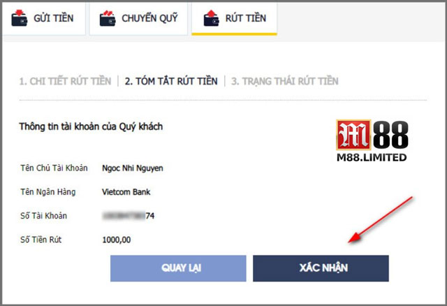 Xác nhận lệnh rút tiền từ M88 của bạn